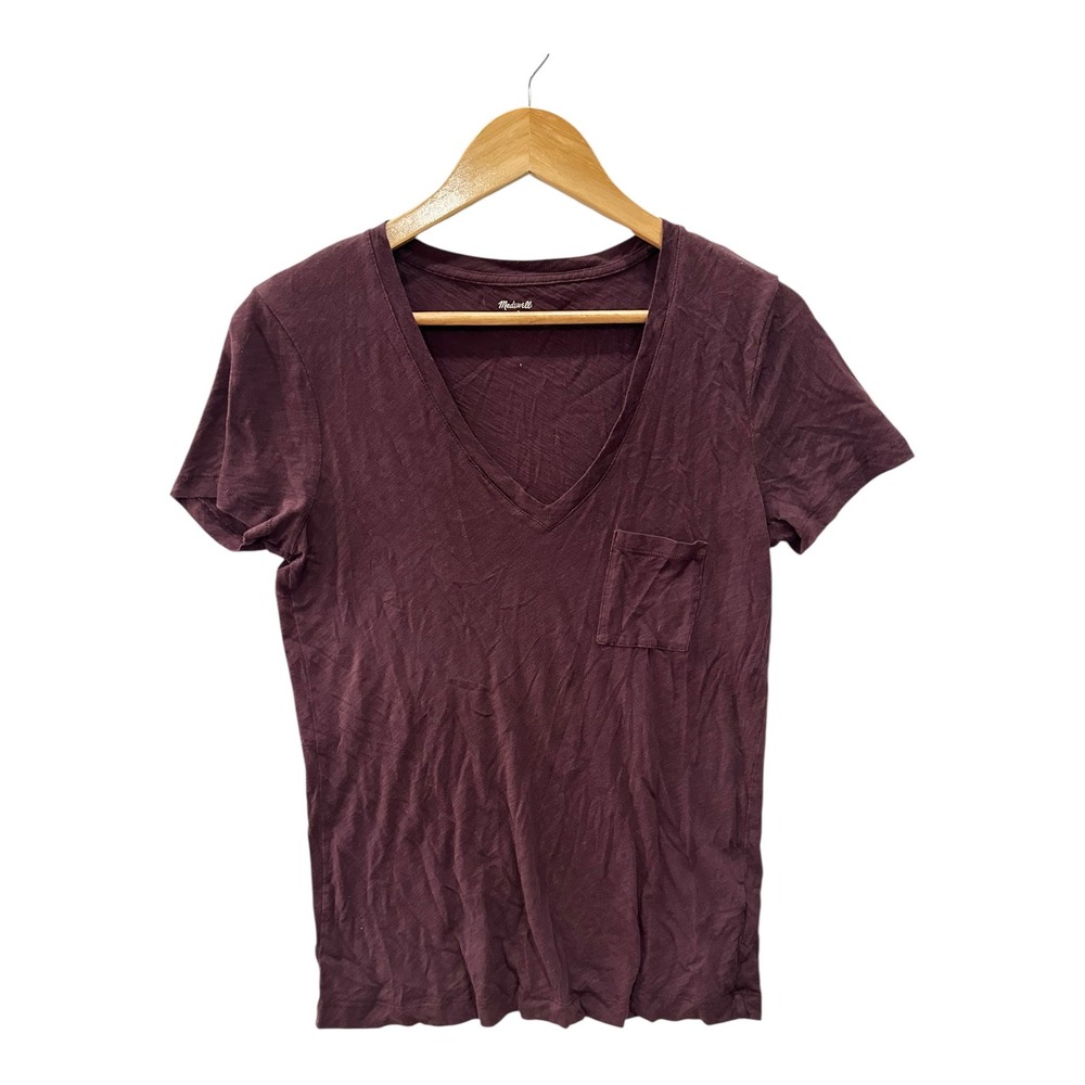 Madewell Womens Small V-Neck Pocket Tee Shirt Burgundy Plum Cotton